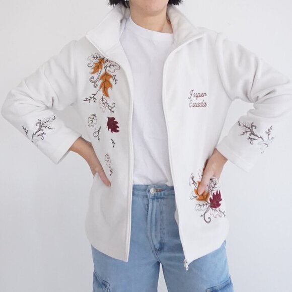 Vintage Jasper Canada White Travel Fall Leaves Zip Up Fleece Sweater M - Picture 1 of 11